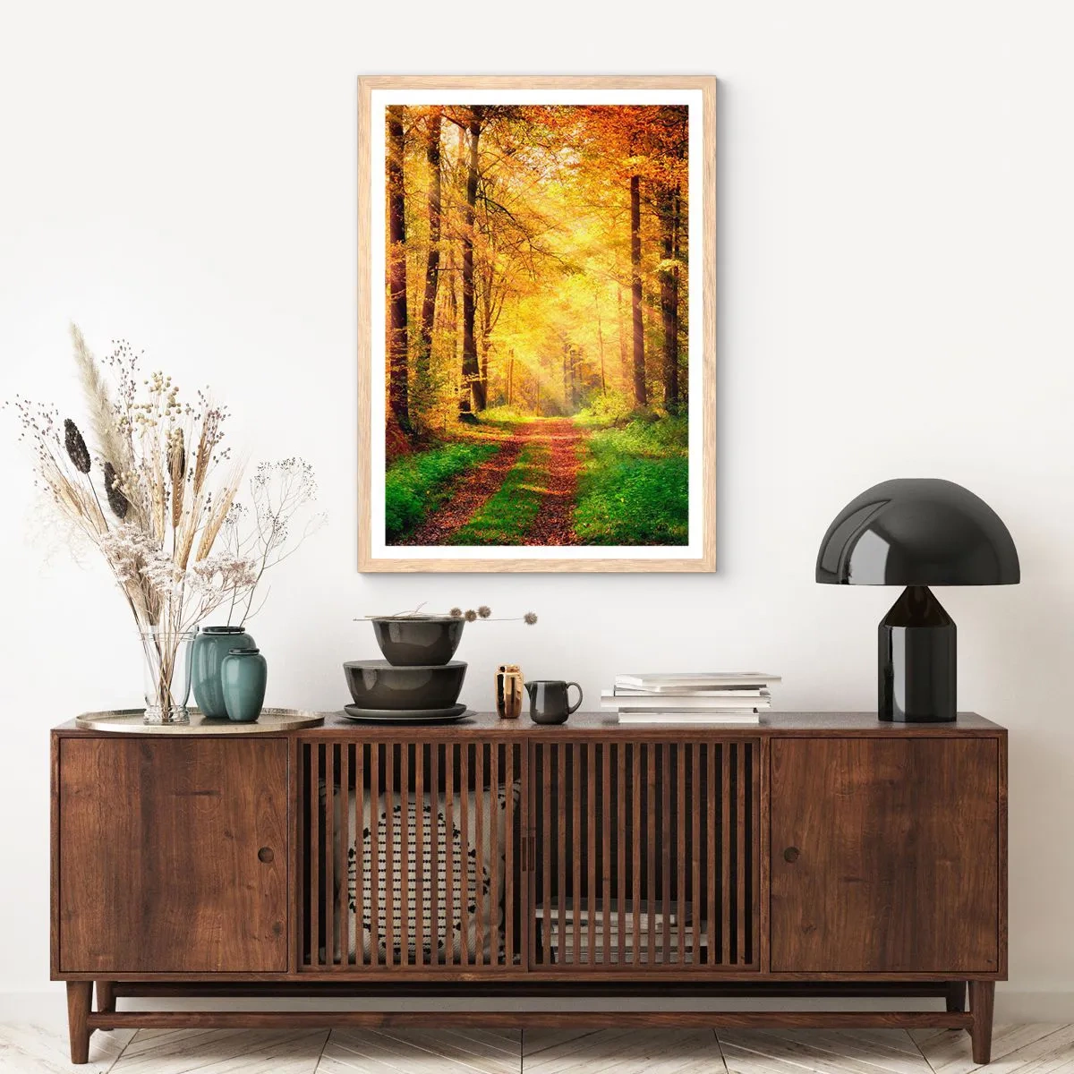 Poster in einem Rahmen aus heller Eiche - Waldgoldene Stille - 40x50 cm