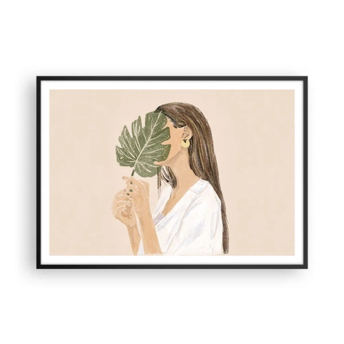 Poster in einem schwarzem Rahmen - Porträt einer Frau mit einem Monstera-Blatt auf beigem Hintergrund - 100x70cm - Geheimnisvolles Porträt mit Fächer - Moderne Wanddekoration für Wohnzimmer und Schlafzimmer ARTTOR