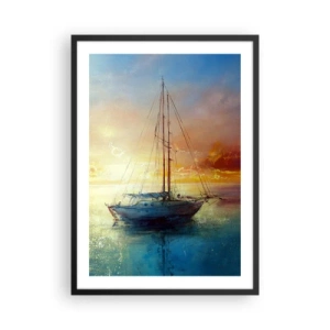 Poster in einem schwarzem Rahmen - Eine Yacht auf ruhigem Meer bei Sonnenuntergang - 50x70cm - In einer goldenen Bucht - Moderne Wanddekoration für Wohnzimmer und Schlafzimmer ARTTOR