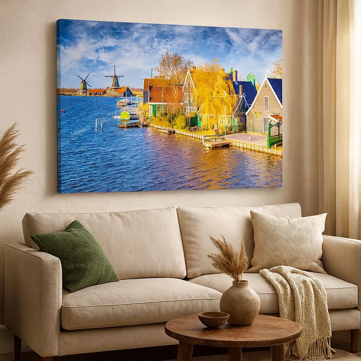 Bild auf Leinwand - Leinwandbild - Malerische Häuser und Windmühlen am Wasser - 70x50cm - Seit Jahrhunderten keine Veränderung - Moderne Wanddekoration für Wohnzimmer und Schlafzimmer ARTTOR