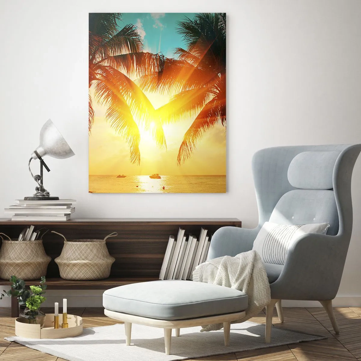 Glasbild - Bild auf glas - Sonnenbeschienene Palmen über einem tropischen Strand - 50x70cm - Exotisches Paar - Moderne Wanddekoration für Wohnzimmer und Schlafzimmer ARTTOR