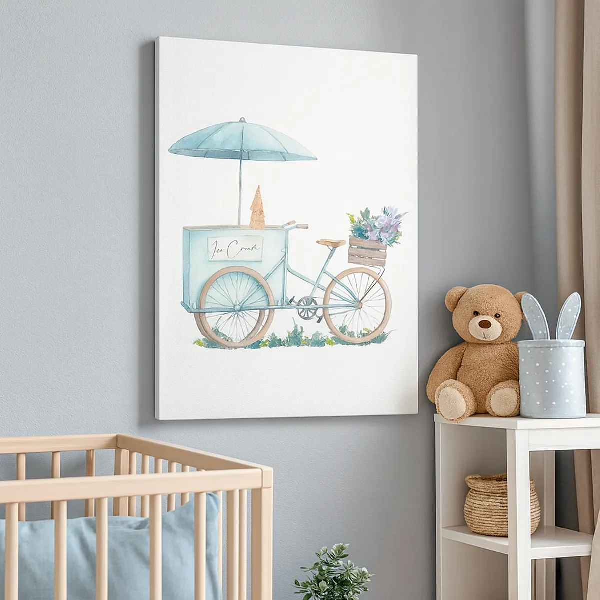 Bild auf Leinwand - Leinwandbild - Ein Fahrrad mit Eis und Blumen unter einem Regenschirm in zarten Pastellfarben - 50x70cm - Süße Erinnerung an den Sommer - Moderne Wanddekoration für Wohnzimmer und Schlafzimmer ARTTOR