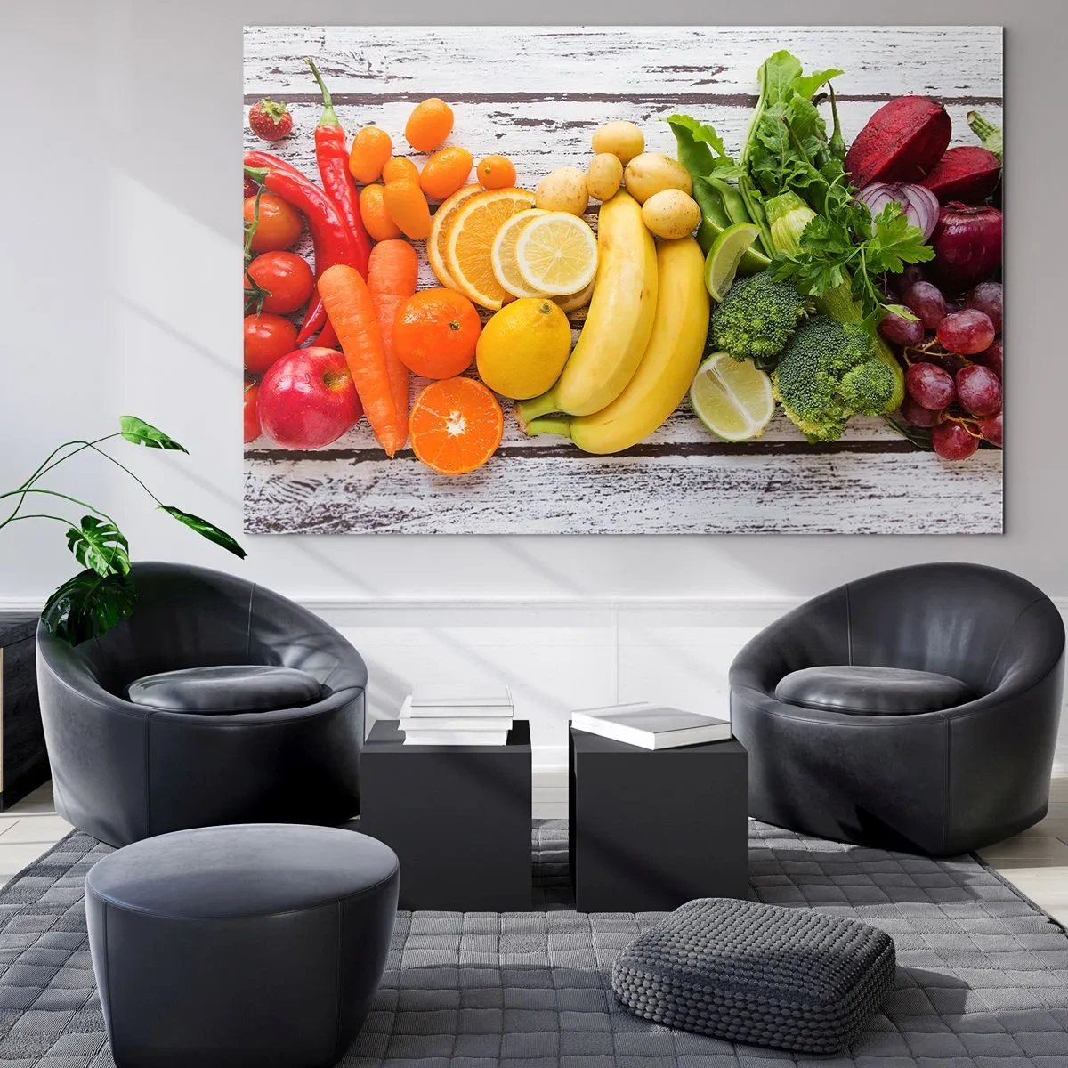 Glasbild - Bild auf glas - Buntes Obst und Gemüse auf einem Holztisch angeordnet - 120x80cm - Es ist nicht genug? - Moderne Wanddekoration für Wohnzimmer und Schlafzimmer ARTTOR