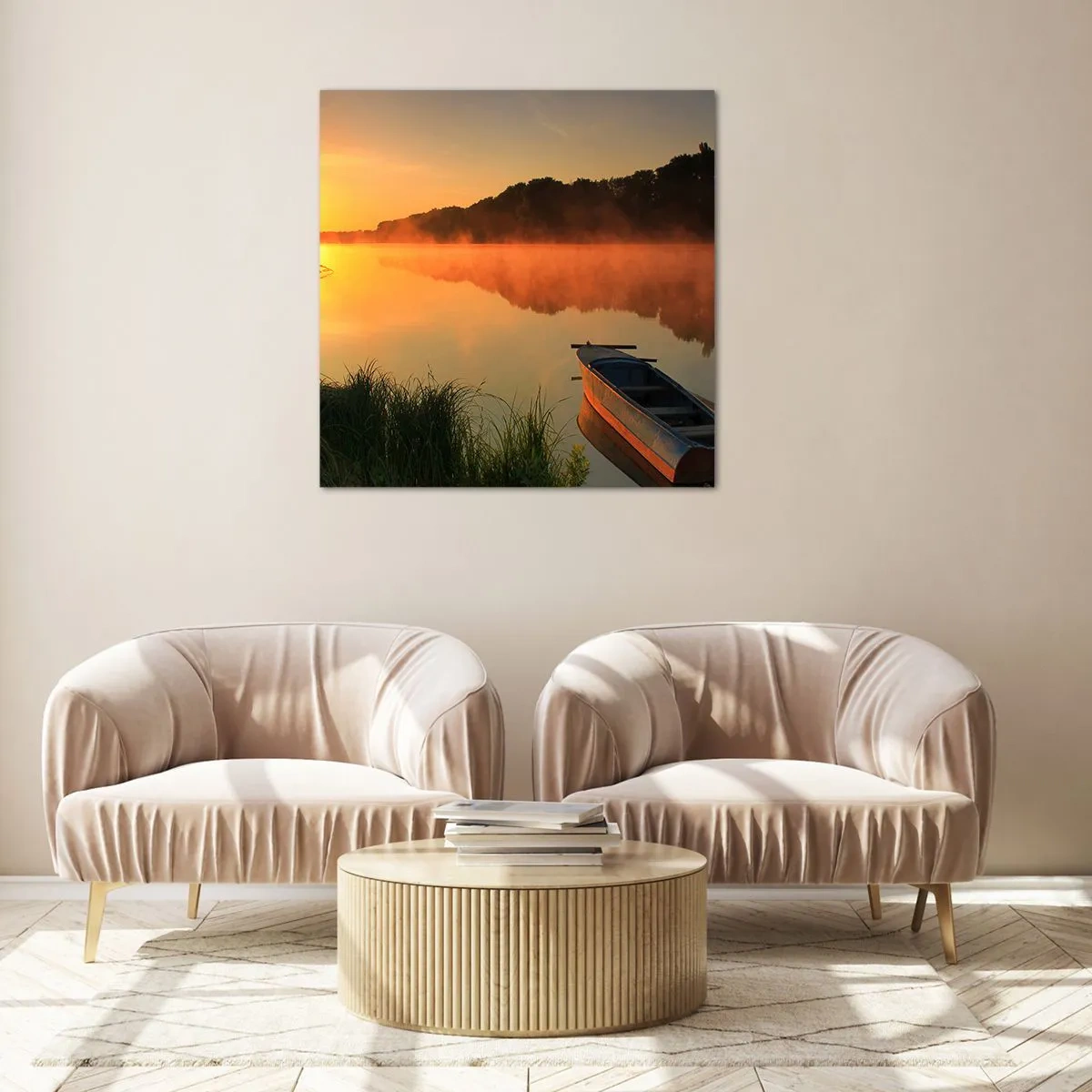 Glasbild - Bild auf glas - Sonnenaufgang über dem Wasser wie ein Spiegel - 50x50 cm