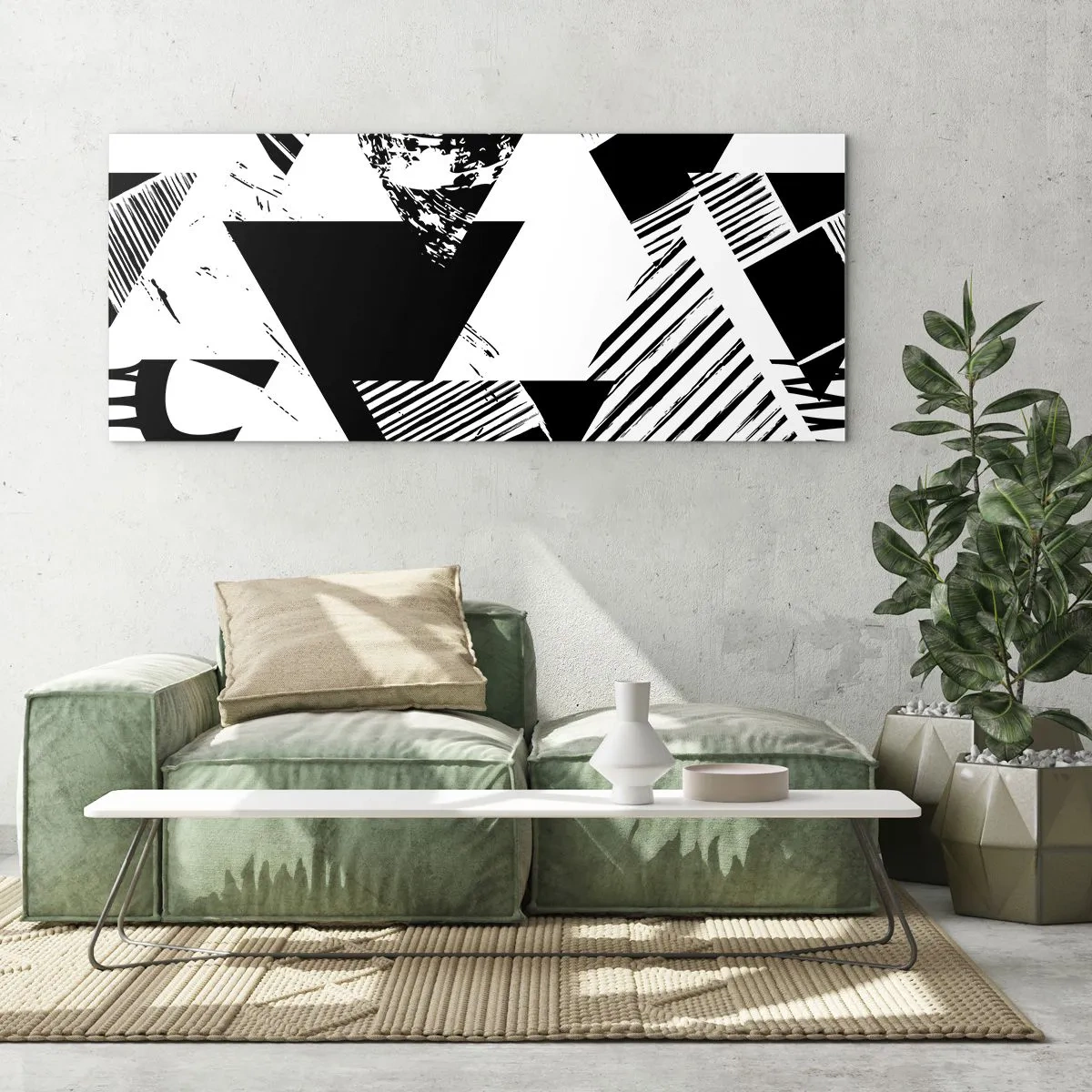 Glasbild - Bild auf glas - Geometrische Muster in minimalistischer Schwarz-Weiß-Form - 120x50cm - Regen von Dreiecken - Moderne Wanddekoration für Wohnzimmer und Schlafzimmer ARTTOR