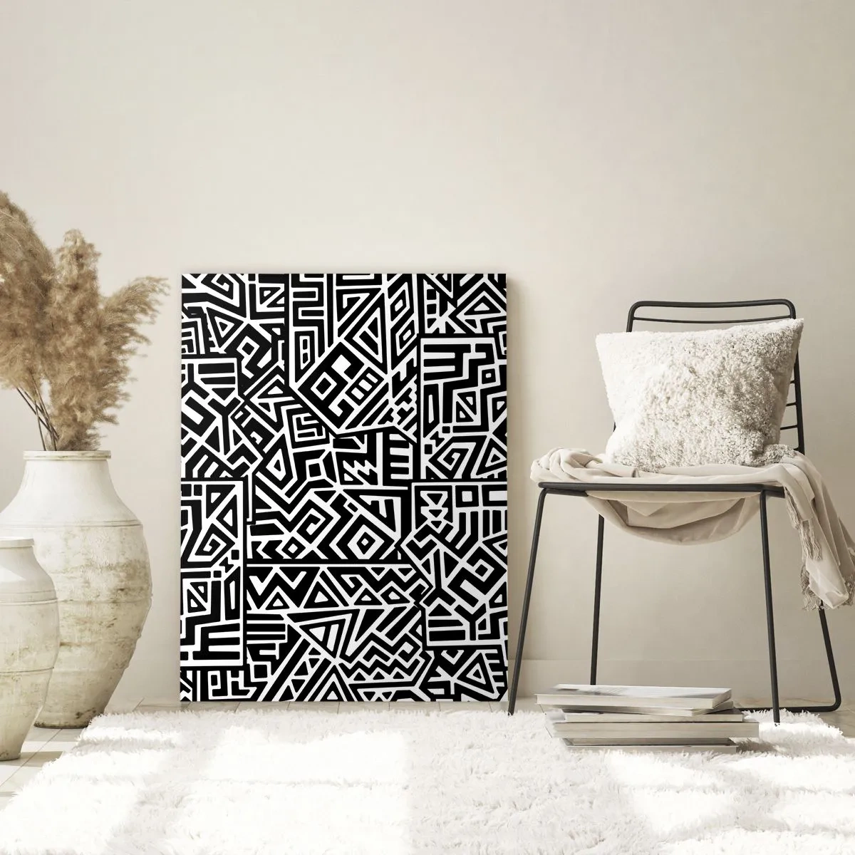 Glasbild - Bild auf glas - Schwarz-weißes Muster, inspiriert von Stammeskunst - 50x70cm - Präkolumbianische Komposition - Moderne Wanddekoration für Wohnzimmer und Schlafzimmer ARTTOR
