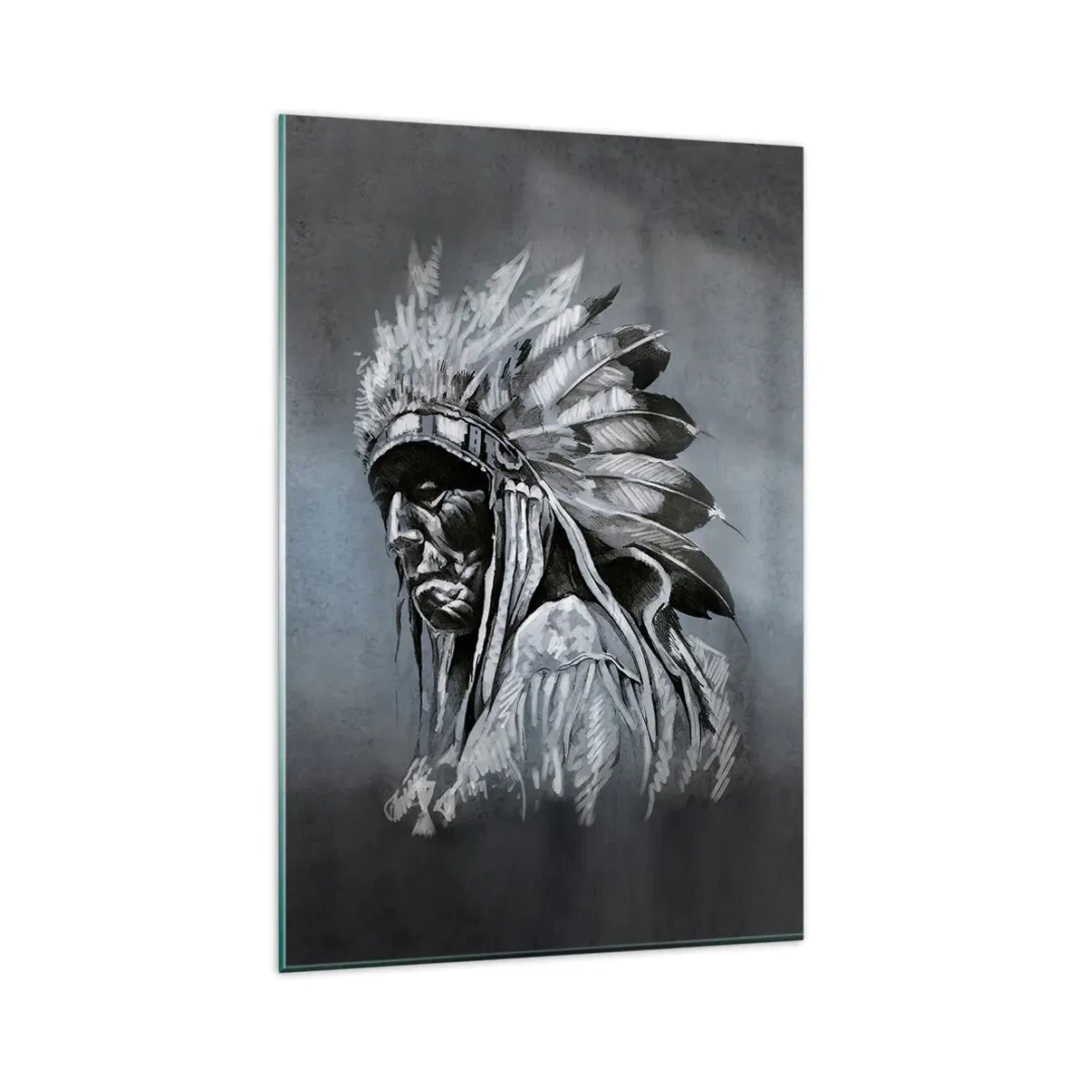 Glasbild - Bild auf glas - Porträt eines Indianerhäuptlings mit traditioneller Kopfbedeckung - 80x120cm - Zurück zu den Wurzeln - Moderne Wanddekoration für Wohnzimmer und Schlafzimmer ARTTOR
