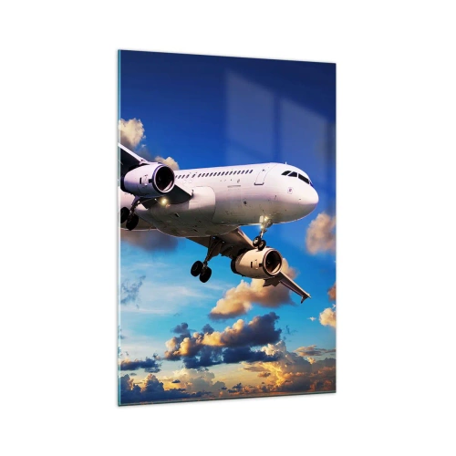 Glasbild - Bild auf glas - Ein Passagierflugzeug vor den Wolken bei Sonnenuntergang - 70x100cm - Eine Reise in Weiß und Blau - Moderne Wanddekoration für Wohnzimmer und Schlafzimmer ARTTOR