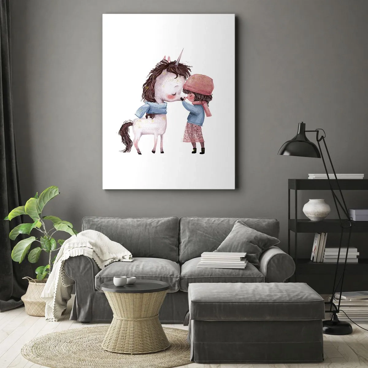 Bild auf Leinwand - Leinwandbild - Ein Mädchen und ein Einhorn in einer Winterlandschaft - 50x70cm - Ein Wintermärchen - Moderne Wanddekoration für Wohnzimmer und Schlafzimmer ARTTOR