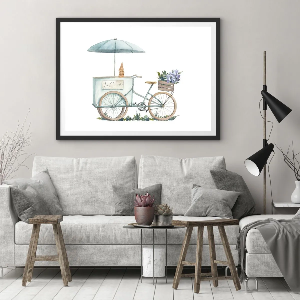 Poster in einem schwarzem Rahmen - Ein Fahrrad mit Eis und Blumen unter einem Regenschirm in zarten Pastellfarben - 70x50cm - Süße Erinnerung an den Sommer - Moderne Wanddekoration für Wohnzimmer und Schlafzimmer ARTTOR