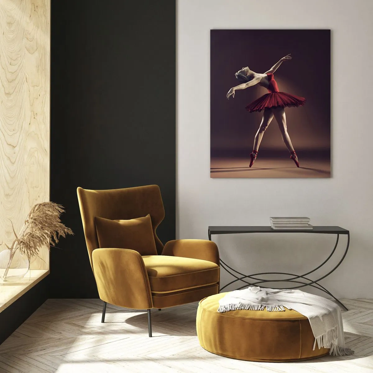 Glasbild - Bild auf glas - Eine Balletttänzerin in einem roten Kleid vor dem Hintergrund einer Bühne - 80x120cm - Eine Primaballerina - Moderne Wanddekoration für Wohnzimmer und Schlafzimmer ARTTOR