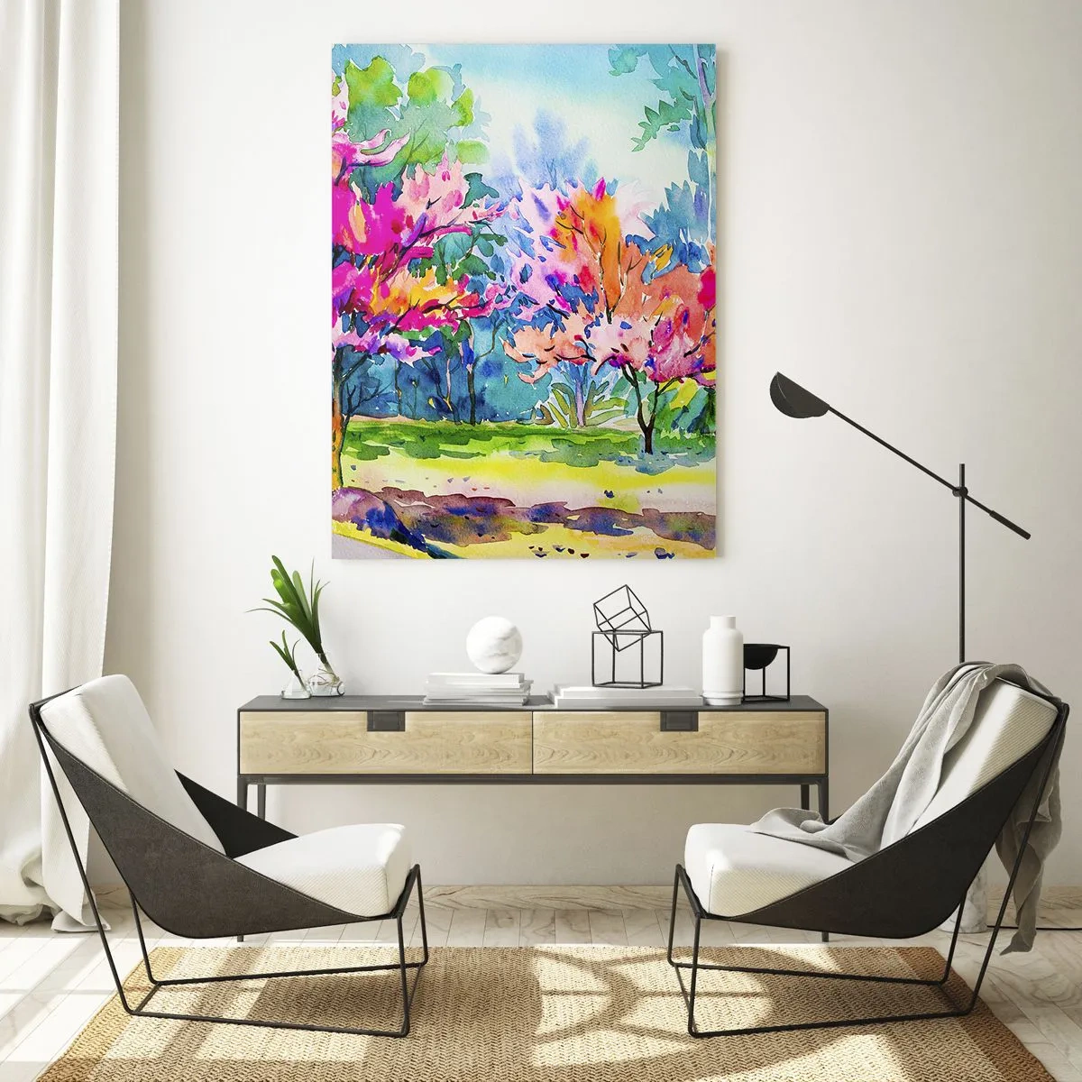 Glasbild - Bild auf glas - Bunte Bäume in einem Park im Aquarellstil - 70x100cm - Regenbogengarten im Frühlingslicht - Moderne Wanddekoration für Wohnzimmer und Schlafzimmer ARTTOR