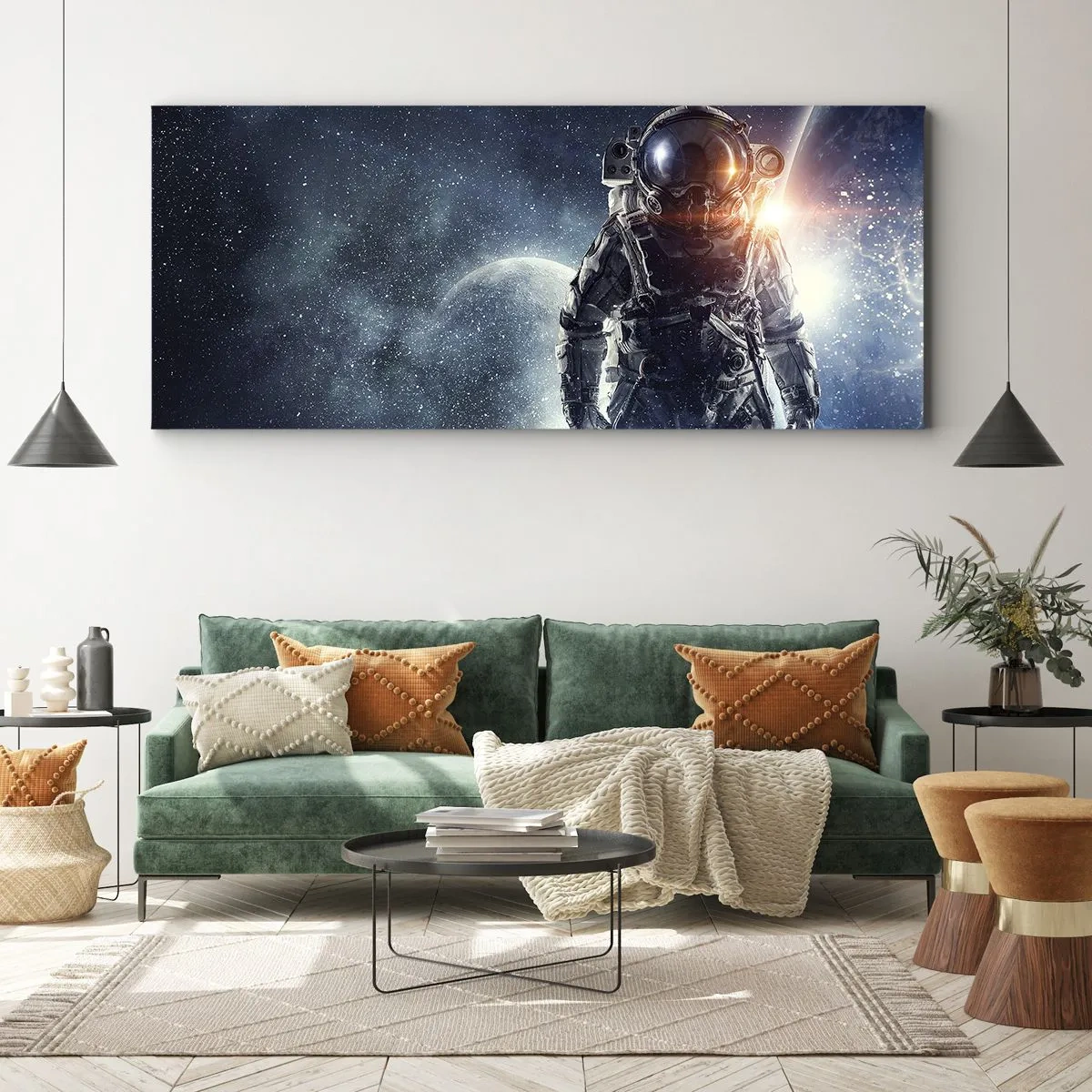 Bild auf Leinwand - Leinwandbild - Astronaut vor dem Hintergrund des Weltraums und des Planeten Erde - 120x50cm - Weltraumabenteuer - Moderne Wanddekoration für Wohnzimmer und Schlafzimmer ARTTOR