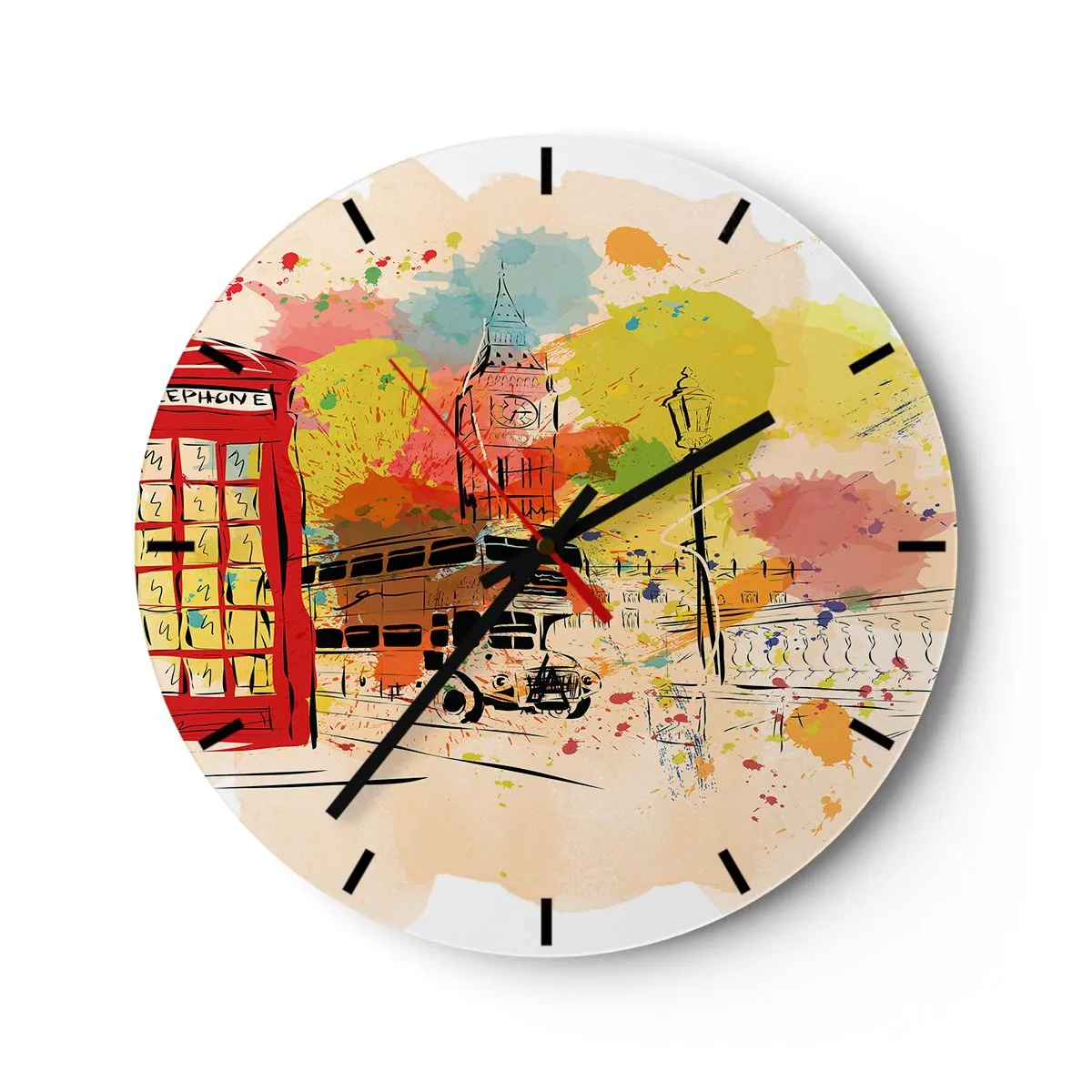 Wanduhr - Glasuhr - Eine farbenfrohe Skizze der Stadt mit Big Ben und einem roten Bus. - 30x30cm - Die Stadt der Vielfalt - Moderne Wanddekoration für Wohnzimmer, Küche und Schlafzimmer ARTTOR