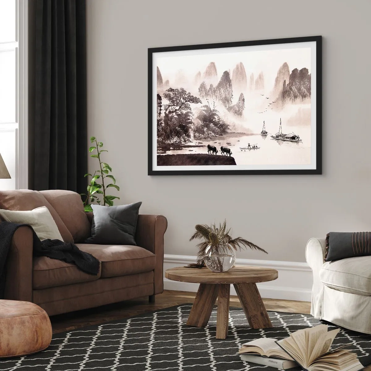 Poster in einem schwarzem Rahmen - Eine malerische Landschaft im asiatischen Stil mit nebligen Bergen - 100x70cm - Der exotische Alltag des Ostens - Moderne Wanddekoration für Wohnzimmer und Schlafzimmer ARTTOR