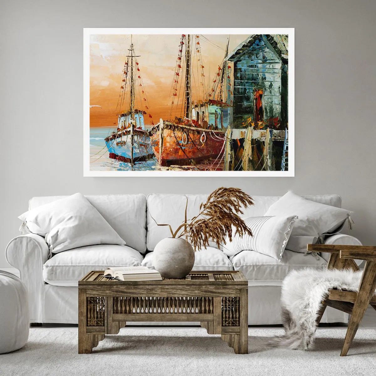 Poster - Boote am Ufer im warmen Licht des Sonnenuntergangs - 100x70cm - Friedliche Rückkehr - Moderne Wanddekoration für Wohnzimmer und Schlafzimmer ARTTOR