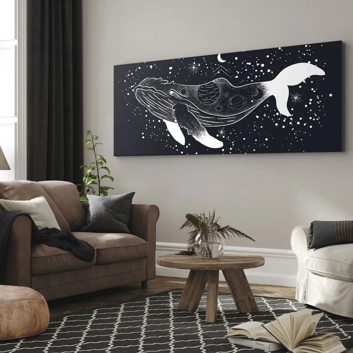 Bild auf Leinwand - Leinwandbild - Eine grafische Illustration eines Wals im Space-Age-Stil. - 140x50cm - Im Ozean des Universums - Moderne Wanddekoration für Wohnzimmer und Schlafzimmer ARTTOR