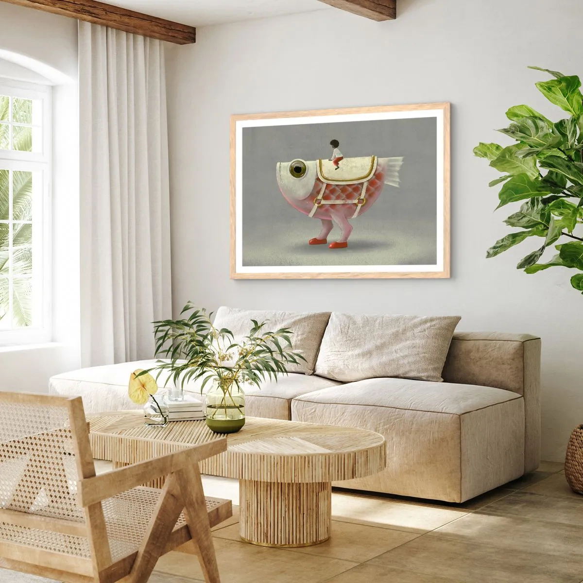 Poster in einem Rahmen aus heller Eiche - Reiter auf einem surrealen Fisch - 91x61 cm