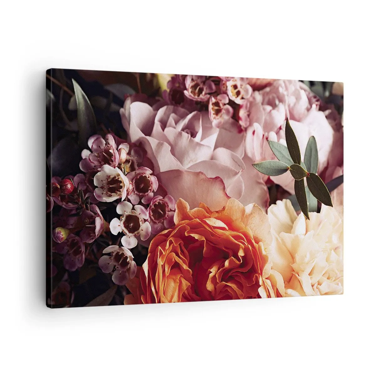 Bild auf Leinwand - Leinwandbild - Eine Nahaufnahme einer farbenfrohen Blumenkomposition - 70x50cm - Eingehüllt in Schönheit - Moderne Wanddekoration für Wohnzimmer und Schlafzimmer ARTTOR