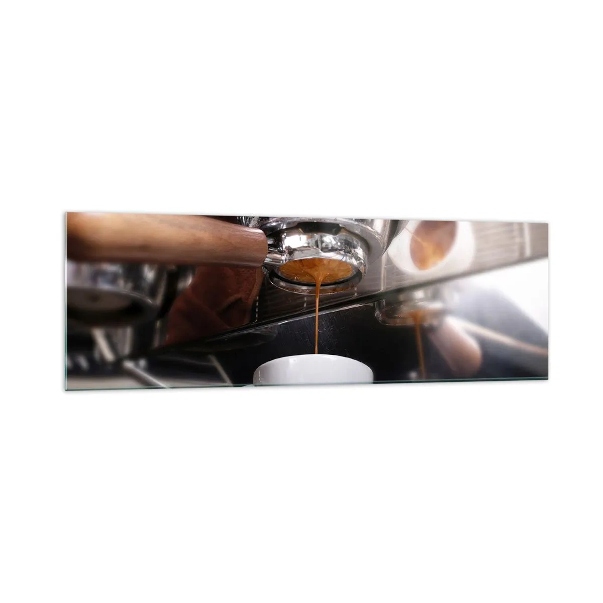 Glasbild - Bild auf glas - Nahaufnahme einer Kaffeemaschine, die einen frischen Espresso zubereitet - 160x50cm - Gute Zeit des Tages - Moderne Wanddekoration für Wohnzimmer und Schlafzimmer ARTTOR