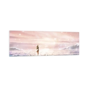 Glasbild - Bild auf glas - Eine Frau auf einem Steg in einer magischen Sonnenuntergangskulisse - 160x50cm - Im Licht eines Traums - Moderne Wanddekoration für Wohnzimmer und Schlafzimmer ARTTOR