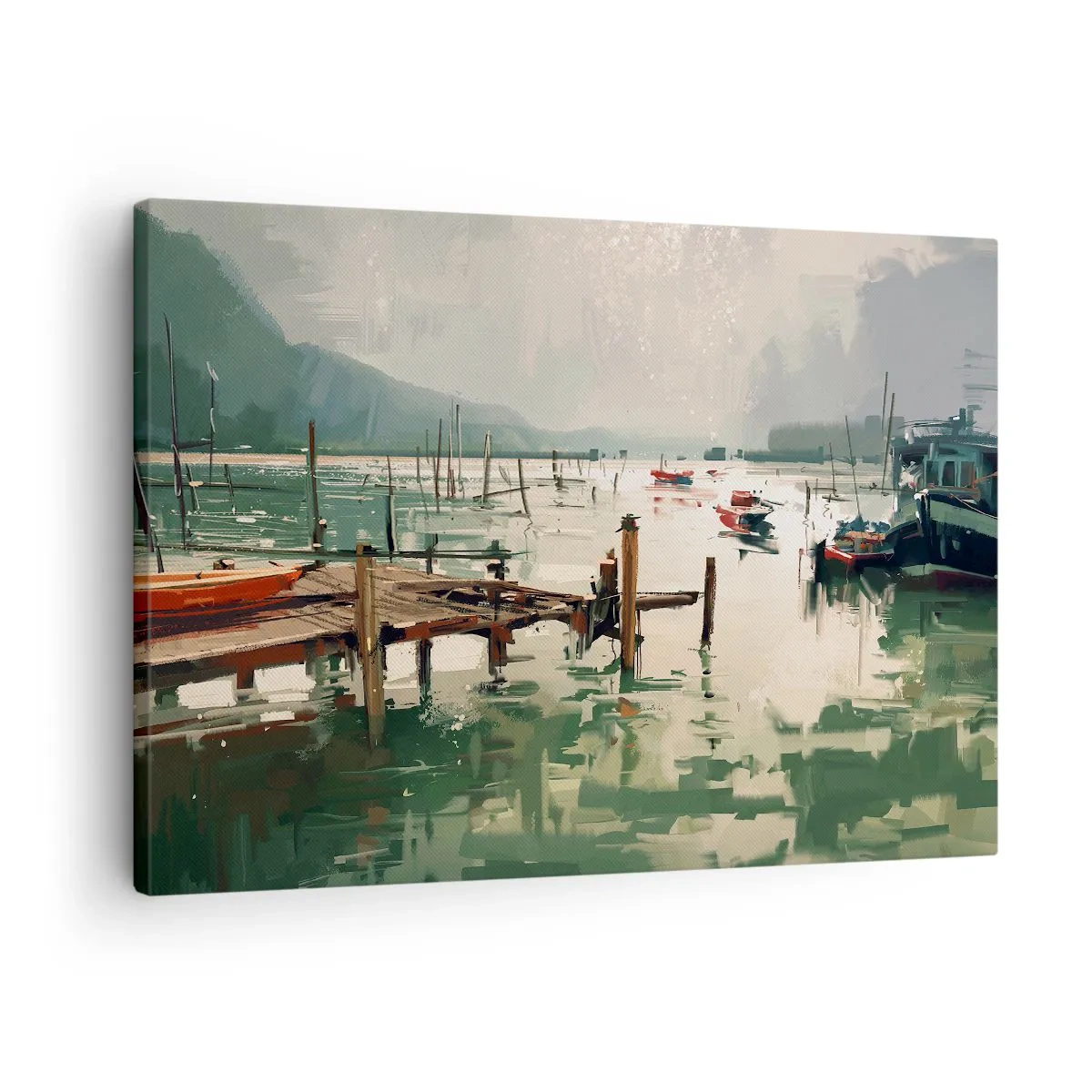 Bild auf Leinwand - Leinwandbild - Ein malerischer Hafen mit Booten auf ruhigem Wasser - 70x50cm - Durchnässt in einem geschmolzenen Mond - Moderne Wanddekoration für Wohnzimmer und Schlafzimmer ARTTOR