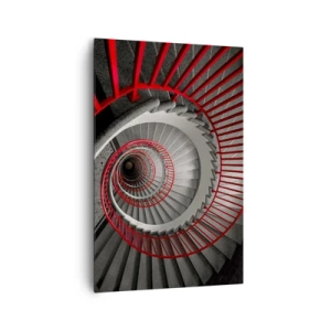 Bild auf Leinwand - Leinwandbild - Wendeltreppe mit roten Handläufen in dynamischer Perspektive - 80x120cm - Architekturspaß - Moderne Wanddekoration für Wohnzimmer und Schlafzimmer ARTTOR