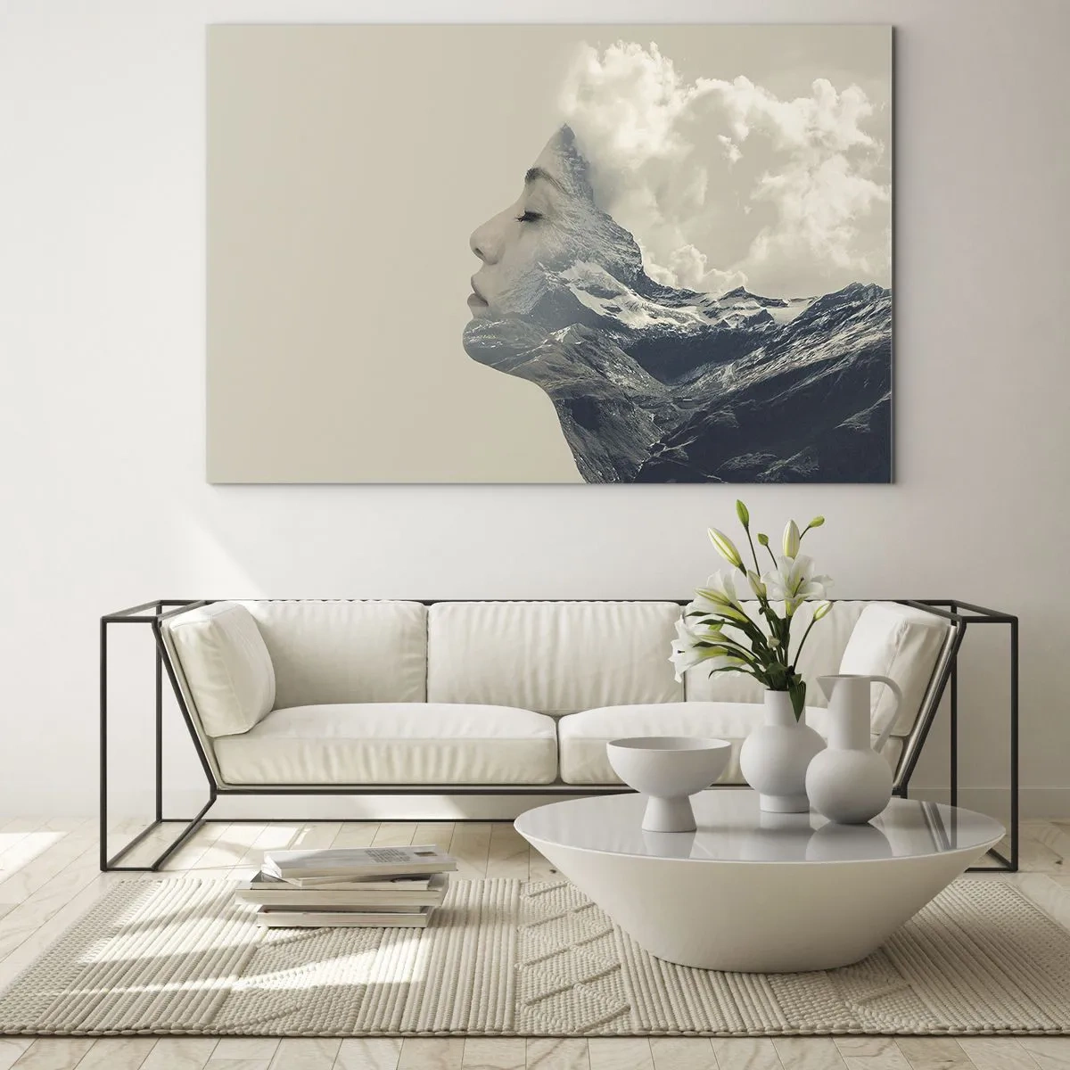Glasbild - Bild auf glas - Das Profil einer Frau mit einer Landschaft aus Bergen und Wolken im Hintergrund. - 120x80cm - Die Schönheit der Elemente der Natur - Moderne Wanddekoration für Wohnzimmer und Schlafzimmer ARTTOR