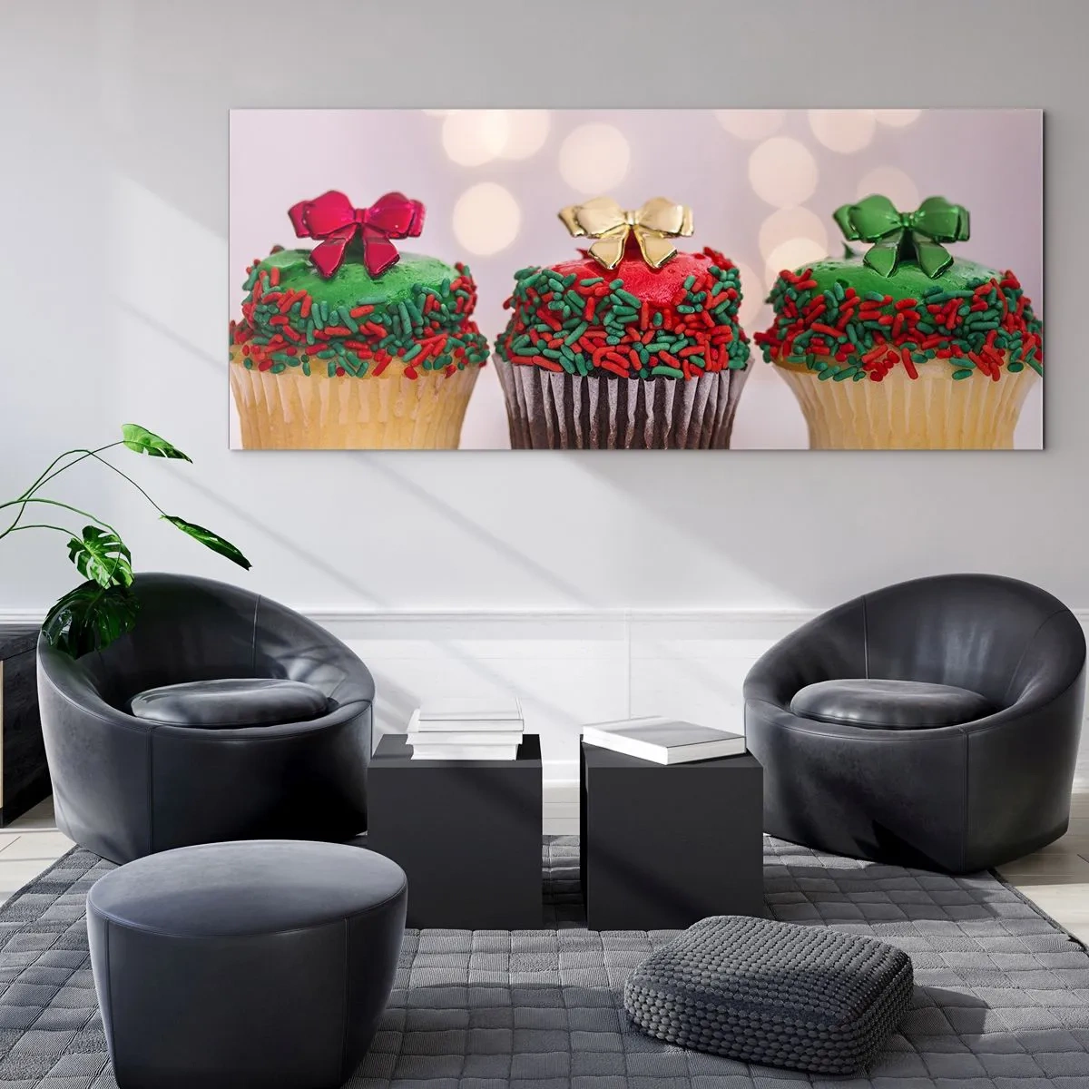 Glasbild - Bild auf glas - Weihnachts-Cupcakes mit bunten Streuseln und Schleifen - 120x50cm - Süßigkeiten bis zu der Schleife - Moderne Wanddekoration für Wohnzimmer und Schlafzimmer ARTTOR