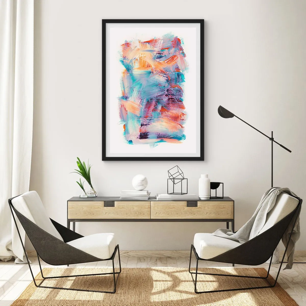 Poster in einem schwarzem Rahmen - Ausdrucksstarke Abstraktion in Orange- und Blautönen - 50x70cm - Buntes Durcheinander - Moderne Wanddekoration für Wohnzimmer und Schlafzimmer ARTTOR