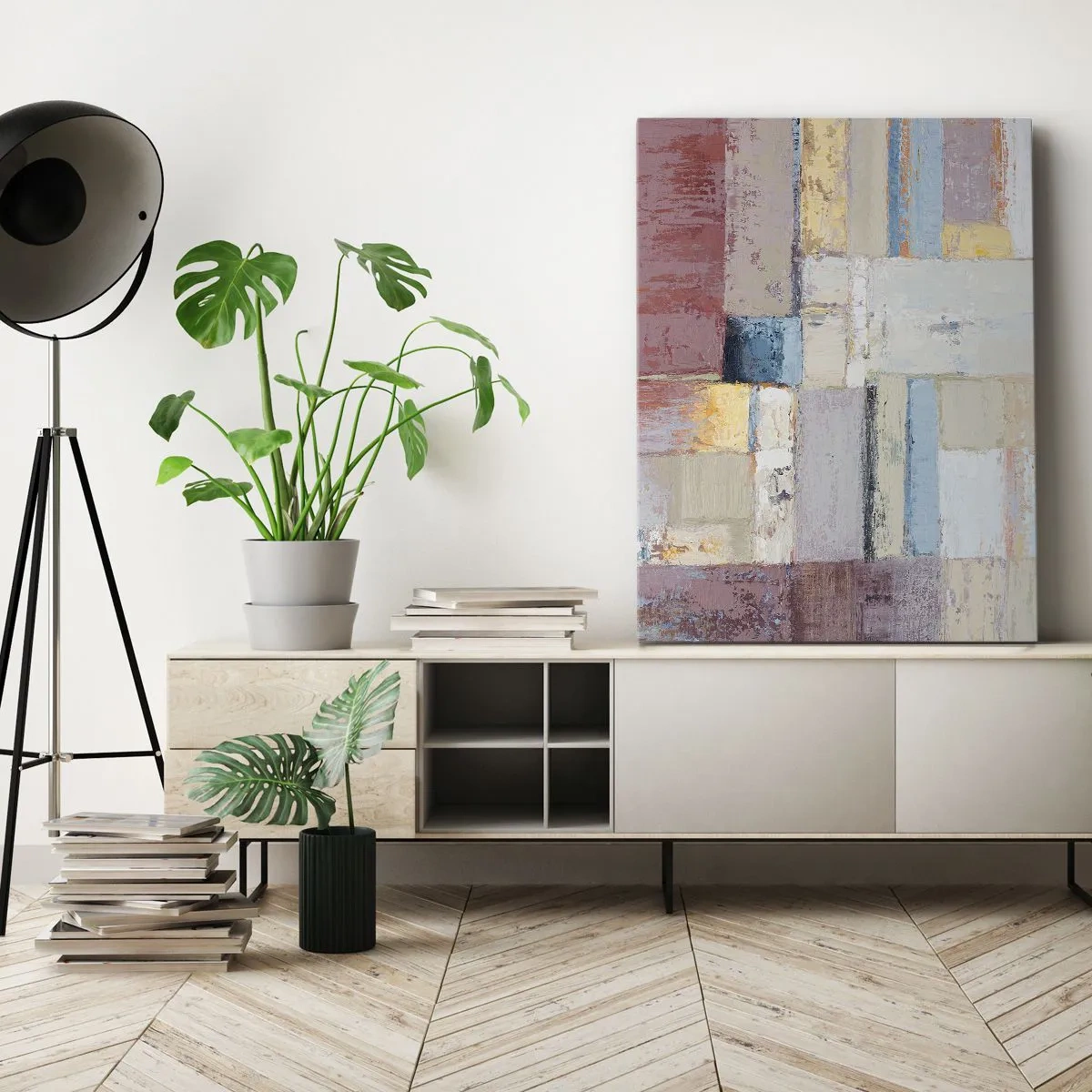 Bild auf Leinwand - Leinwandbild - Geometrische Komposition in Pastellfarben - 50x70cm - Ruhe der Geometrie - Moderne Wanddekoration für Wohnzimmer und Schlafzimmer ARTTOR