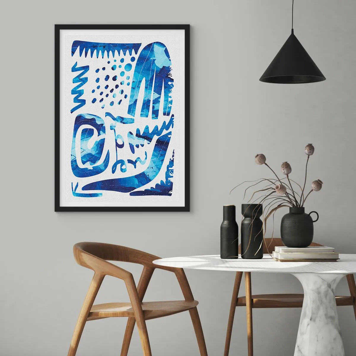 Poster in einem schwarzem Rahmen - Moderne Abstraktion in Blautönen - 50x70cm - Zurück zu den Wurzeln - Moderne Wanddekoration für Wohnzimmer und Schlafzimmer ARTTOR