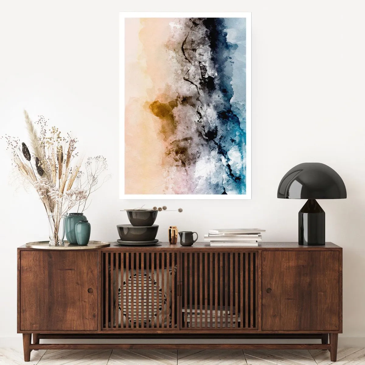 Poster - Abstrakte Komposition in Blau- und Beigetönen - 50x70cm - In einer Nebelwolke ertrunken - Moderne Wanddekoration für Wohnzimmer und Schlafzimmer ARTTOR