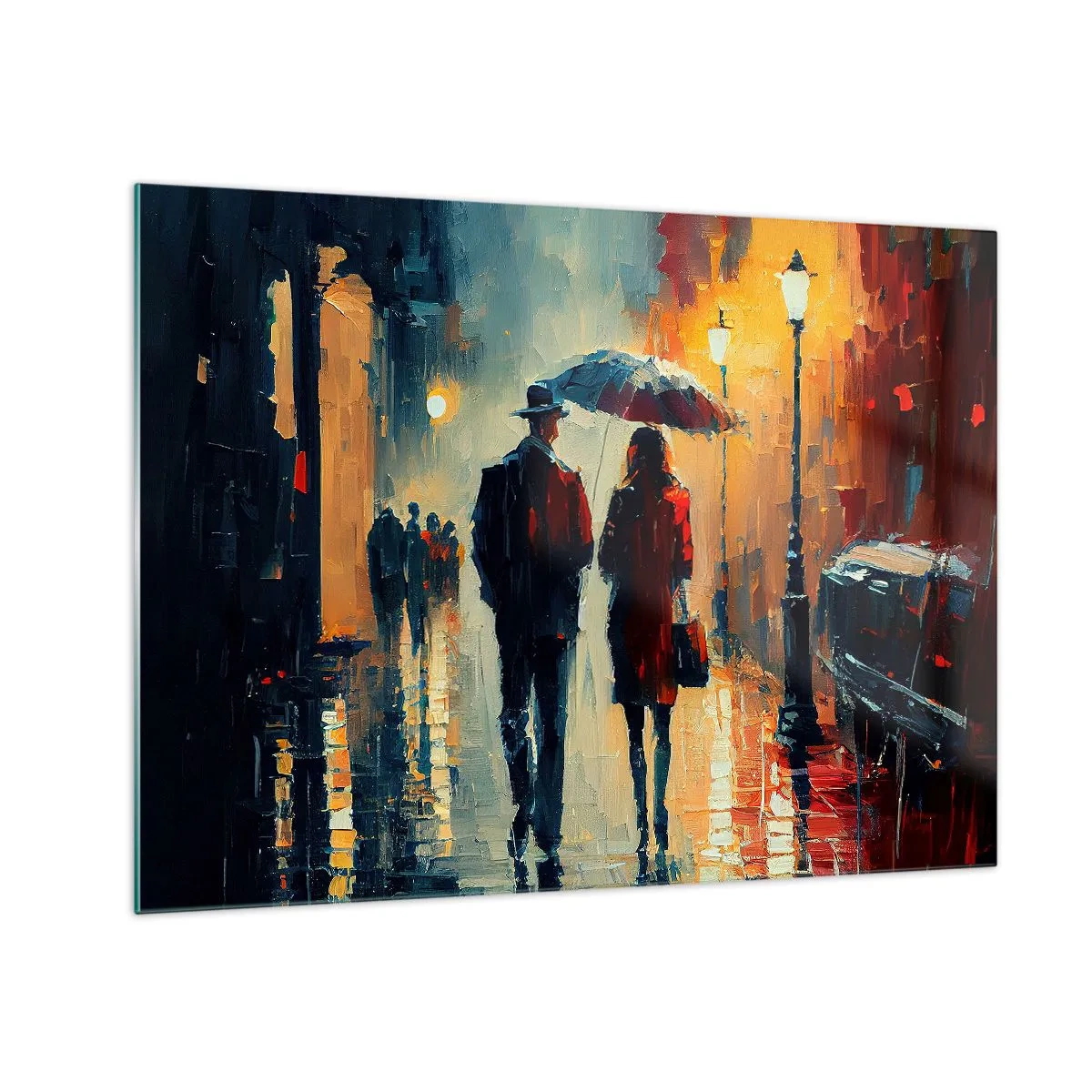 Glasbild - Bild auf glas - Ein Paar mit einem Regenschirm geht nachts eine nasse Straße entlang. - 70x50cm - Urbane Liebesgeschichte - Moderne Wanddekoration für Wohnzimmer und Schlafzimmer ARTTOR