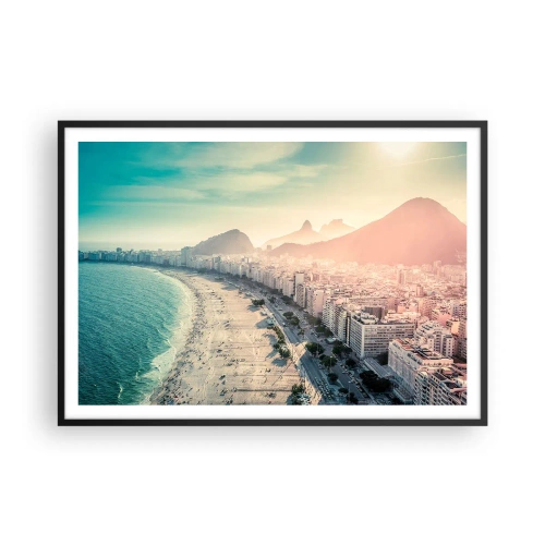 Poster in einem schwarzem Rahmen - Panorama des Copacabana-Strandes mit Bergen im Hintergrund in Rio de Janeiro - 100x70cm - Ewiger Urlaub in Rio - Moderne Wanddekoration für Wohnzimmer und Schlafzimmer ARTTOR