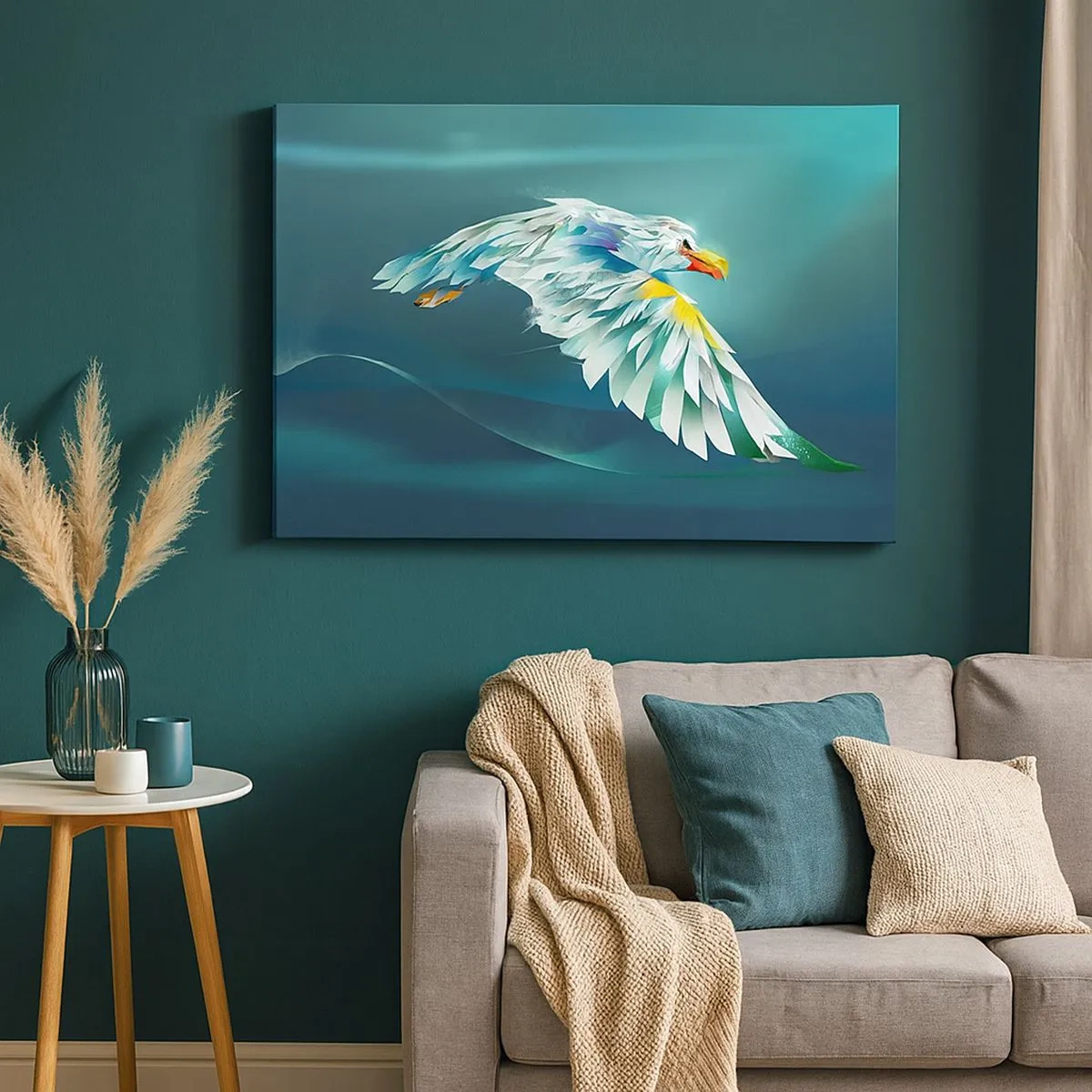 Bild auf Leinwand - Leinwandbild - Abstrakter Adler im Flug vor einem türkisfarbenen Himmel - 70x50cm - Der Adler deiner Flüge ist die Kraft - Moderne Wanddekoration für Wohnzimmer und Schlafzimmer ARTTOR