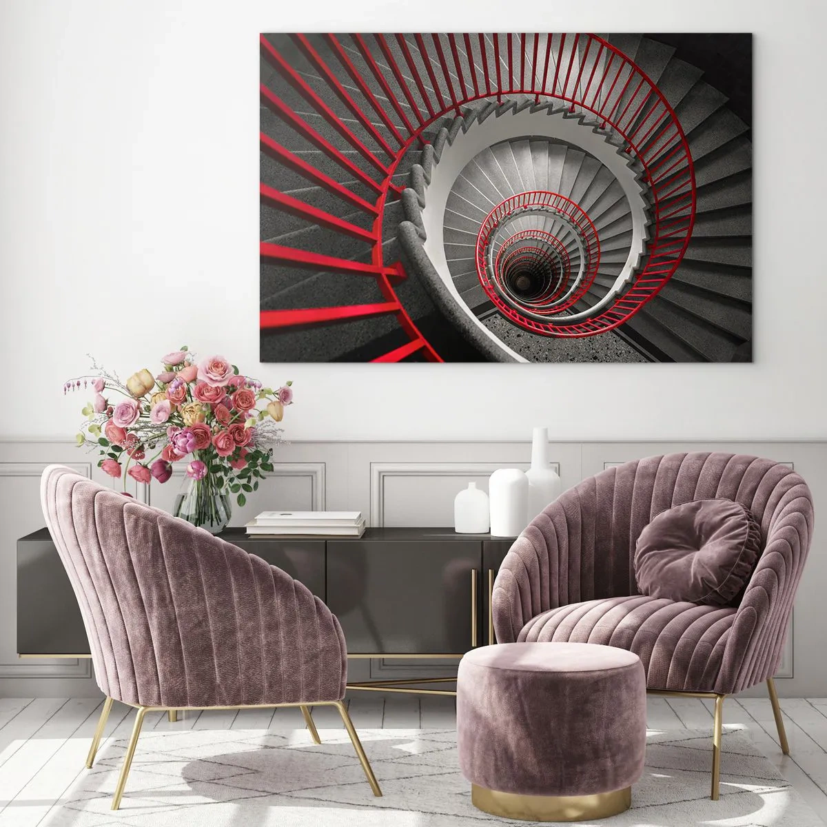 Glasbild - Bild auf glas - Wendeltreppe mit roten Handläufen in der Perspektive - 70x50cm - Architekturspaß - Moderne Wanddekoration für Wohnzimmer und Schlafzimmer ARTTOR
