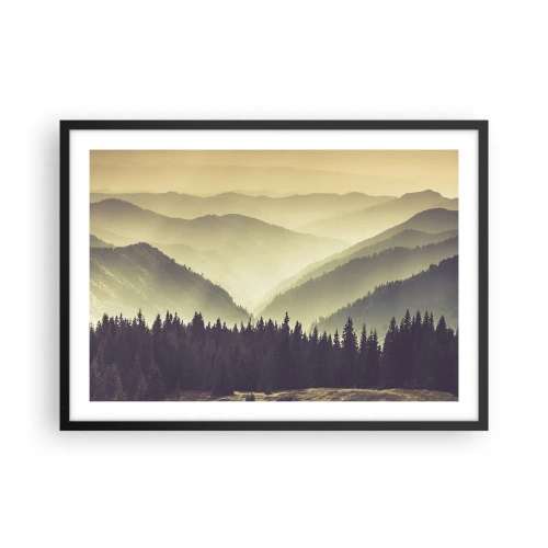 Poster in einem schwarzem Rahmen - Malerische Bergketten im Nebel in warmem Licht - 70x50cm - Hinter den sieben Bergen ... - Moderne Wanddekoration für Wohnzimmer und Schlafzimmer ARTTOR