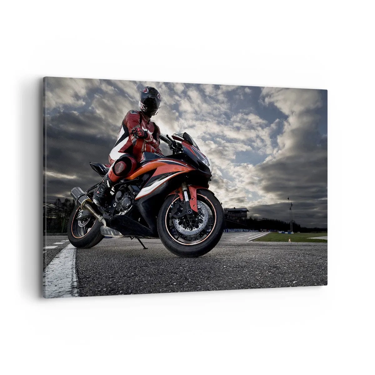 Bild auf Leinwand - Leinwandbild - Ein Motorradfahrer auf einem Sportmotorrad vor bewölktem Himmel - 120x80cm - Dunkler Reiter - Moderne Wanddekoration für Wohnzimmer und Schlafzimmer ARTTOR