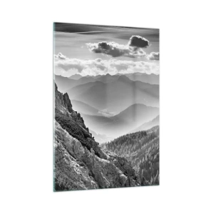 Glasbild - Bild auf glas - Schwarz-weißes Bergpanorama mit Blick ins Tal - 50x70cm - Bis zum Horizont - Moderne Wanddekoration für Wohnzimmer und Schlafzimmer ARTTOR