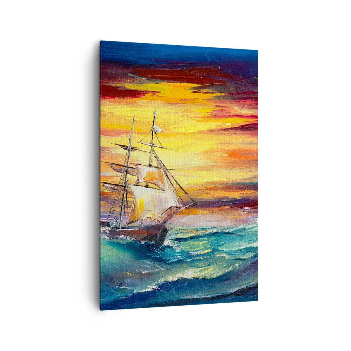 Bild auf Leinwand - Leinwandbild - Ein Segelschiff vor der Kulisse eines farbenfrohen Sonnenuntergangs - 80x120cm - Tapfer unter den Wellen - Moderne Wanddekoration für Wohnzimmer und Schlafzimmer ARTTOR