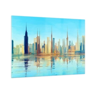 Glasbild - Bild auf glas - Ein Panorama der Metropole spiegelt sich im Wasser unter blauem Himmel - 70x50cm - Sonnige Metropole - Moderne Wanddekoration für Wohnzimmer und Schlafzimmer ARTTOR
