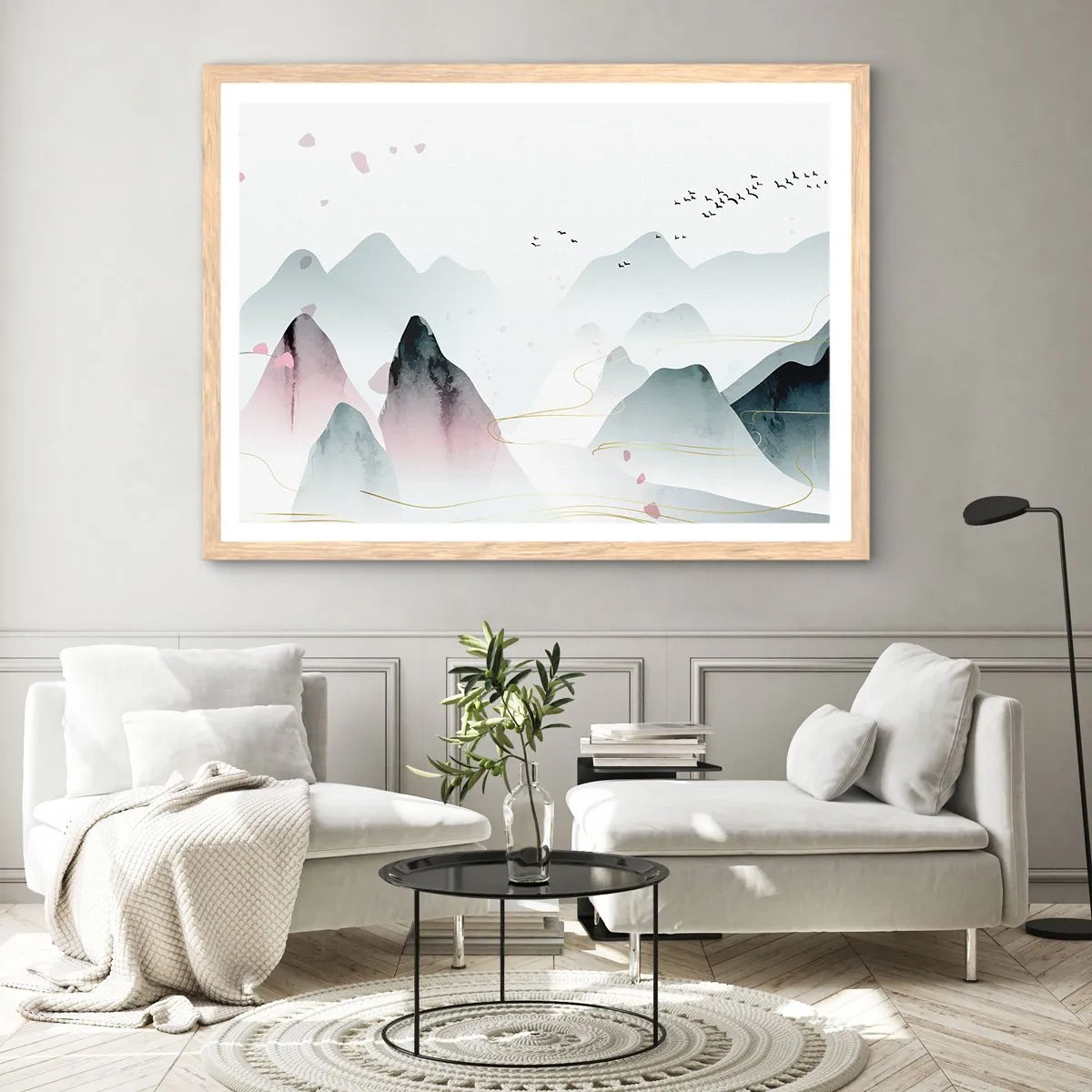 Poster in einem Rahmen aus heller Eiche - Über die Gipfel - 100x70 cm