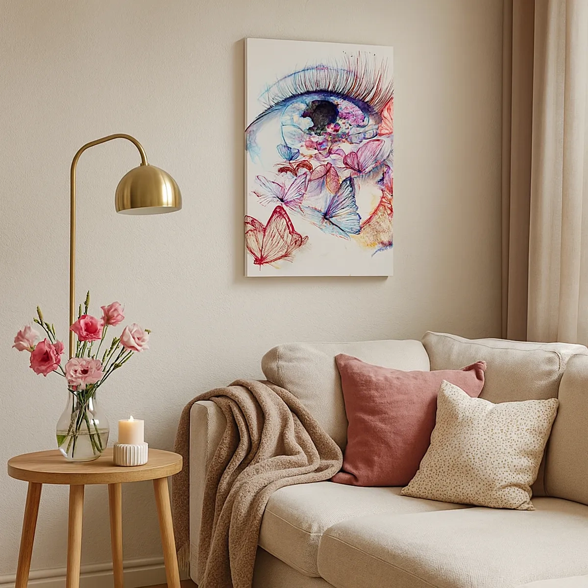 Bild auf Leinwand - Leinwandbild - Ein Aquarellauge, umgeben von bunten Schmetterlingen - 50x70cm - Märchenhafter Augenzauber - Moderne Wanddekoration für Wohnzimmer und Schlafzimmer ARTTOR