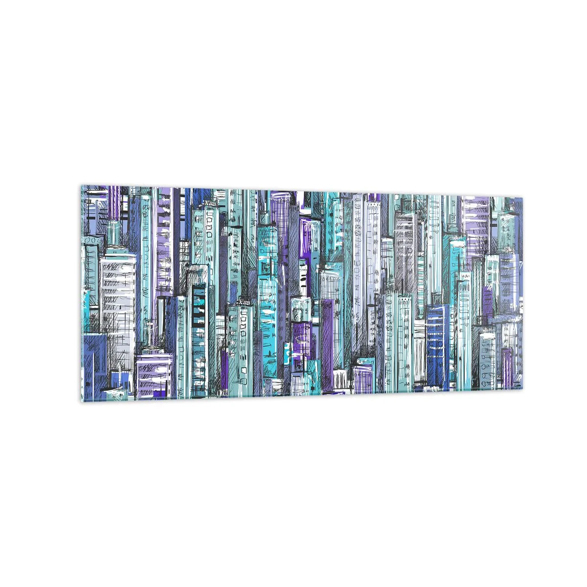 Glasbild - Bild auf glas - Illustration einer Stadt mit geometrischen Gebäuden in Blau- und Lilatönen. - 120x50cm - Bläulich von dem Himmel - Moderne Wanddekoration für Wohnzimmer und Schlafzimmer ARTTOR