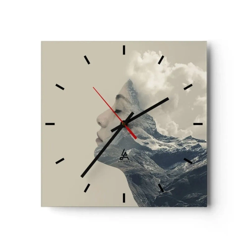 Wanduhr - Glasuhr - Silhouette einer Frau mit einer Berglandschaft im Hintergrund - 30x30cm - Die Schönheit der Elemente der Natur - Moderne Wanddekoration für Wohnzimmer und Schlafzimmer ARTTOR