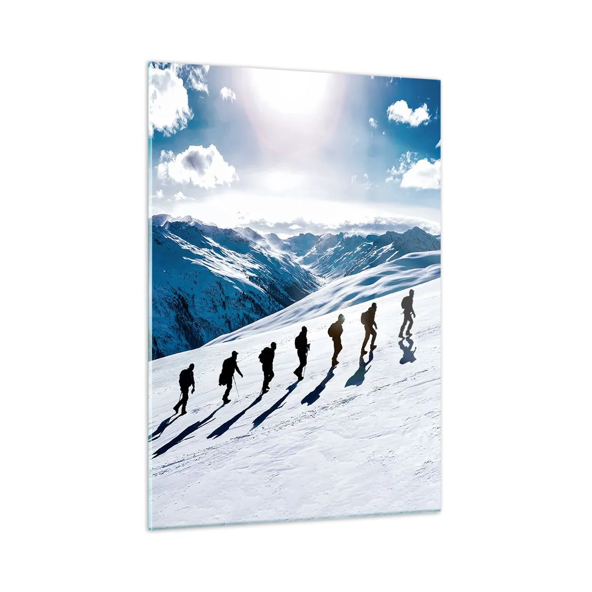 Glasbild - Bild auf glas - Gruppenklettern an einem schneebedeckten Hang in den Bergen - 50x70cm - Das Team der Eroberer - Moderne Wanddekoration für Wohnzimmer und Schlafzimmer ARTTOR