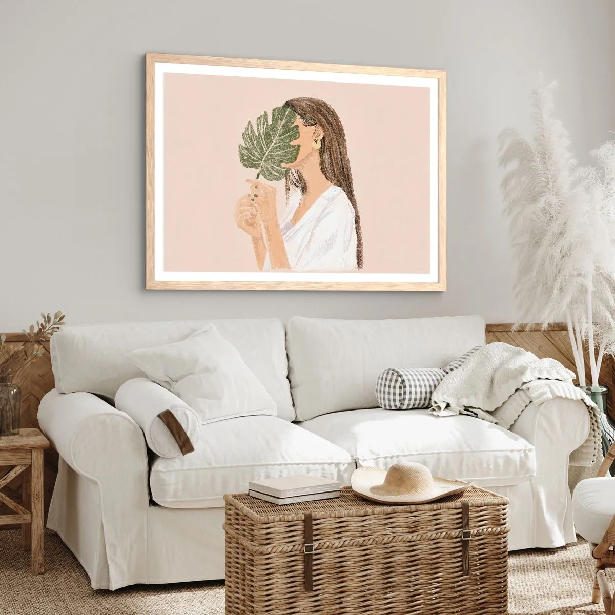 Poster in einem Rahmen aus heller Eiche - Geheimnisvolles Porträt mit Fächer - 91x61 cm
