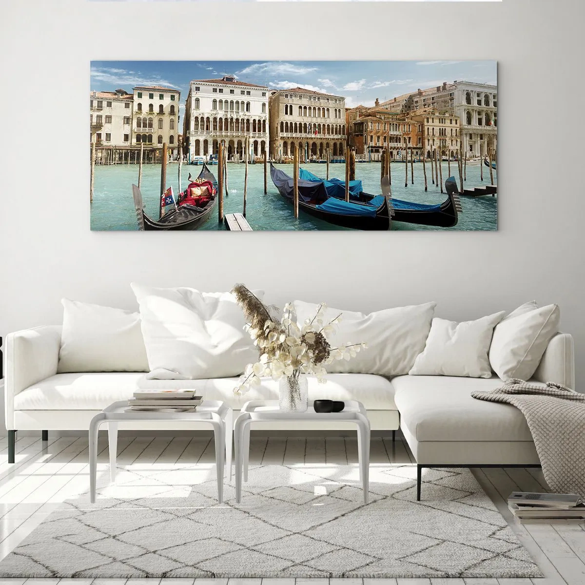 Glasbild - Bild auf glas - Venedig mit Gondeln und Palästen gegen den Himmel - 160x50cm - Paläste in Blau - Moderne Wanddekoration für Wohnzimmer und Schlafzimmer ARTTOR