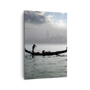 Bild auf Leinwand - Leinwandbild - An einem nebligen Morgen gleitet eine Gondel über die Gewässer Venedigs und bietet einen Blick auf die Stadt. - 70x100cm - Eine fabelhafte Stadt aus Wasser und Nebel - Moderne Wanddekoration für Wohnzimmer und Schlafzimm
